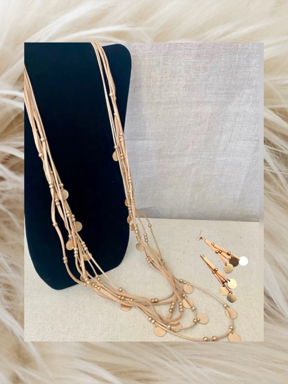 Tan Suede Leather Boho 20” Necklace  & Earriings Set w/ Gold Tone Beads & Discs